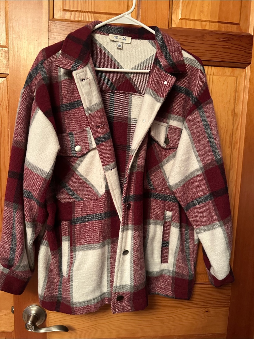 She + Sky Burgundy and Cream Plaid Utility Jacket